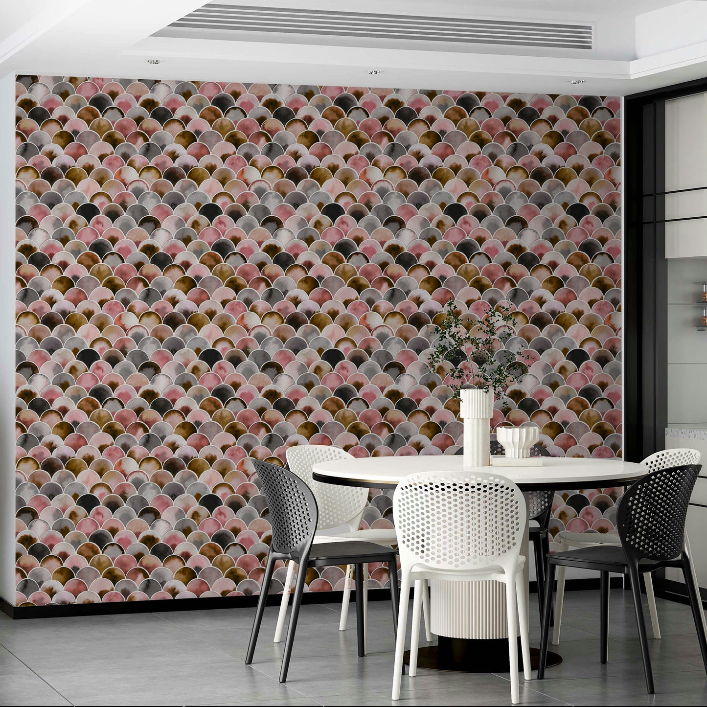 Japandi decor wallpaper in blush pink and gold

