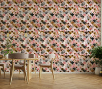 Soft pink wallpaper with gold geometric accents

