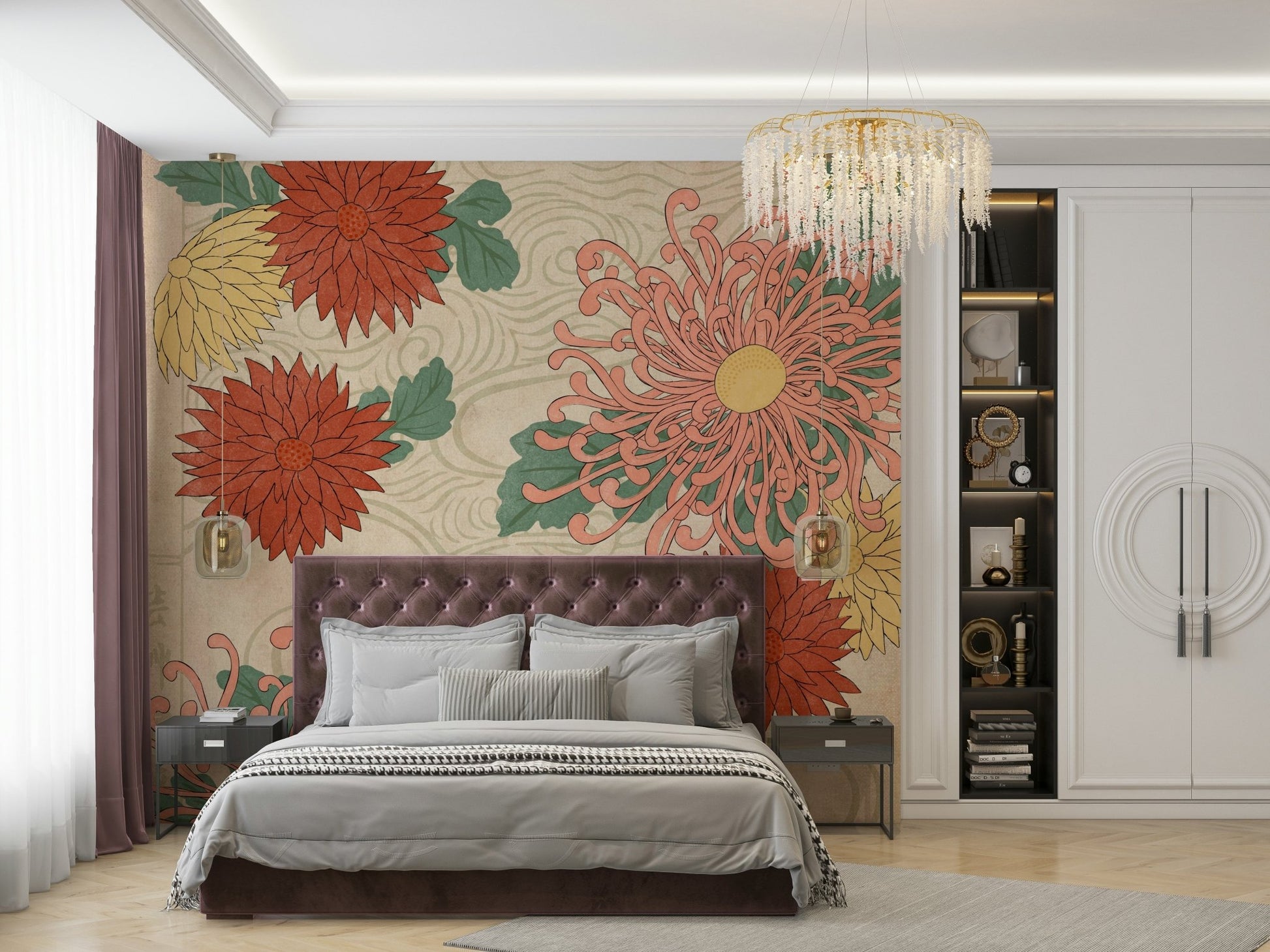 Elegant chrysanthemum mural in traditional Japanese style

