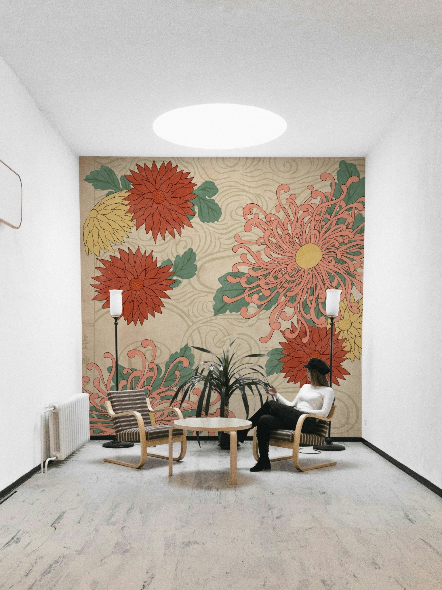 Japanese botanical wall mural with soft florals

