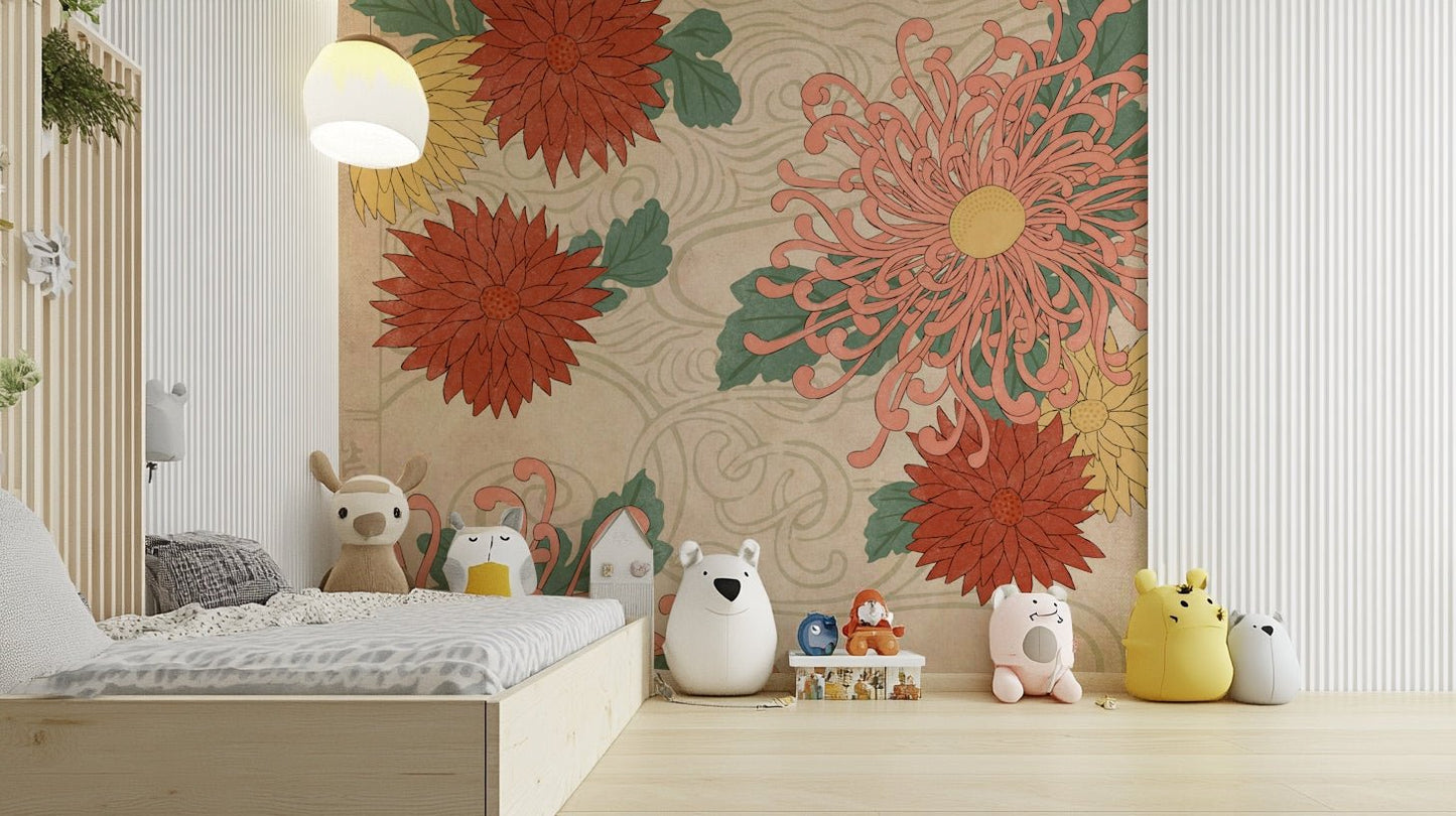 Japanese flower wall mural with chrysanthemum blooms

