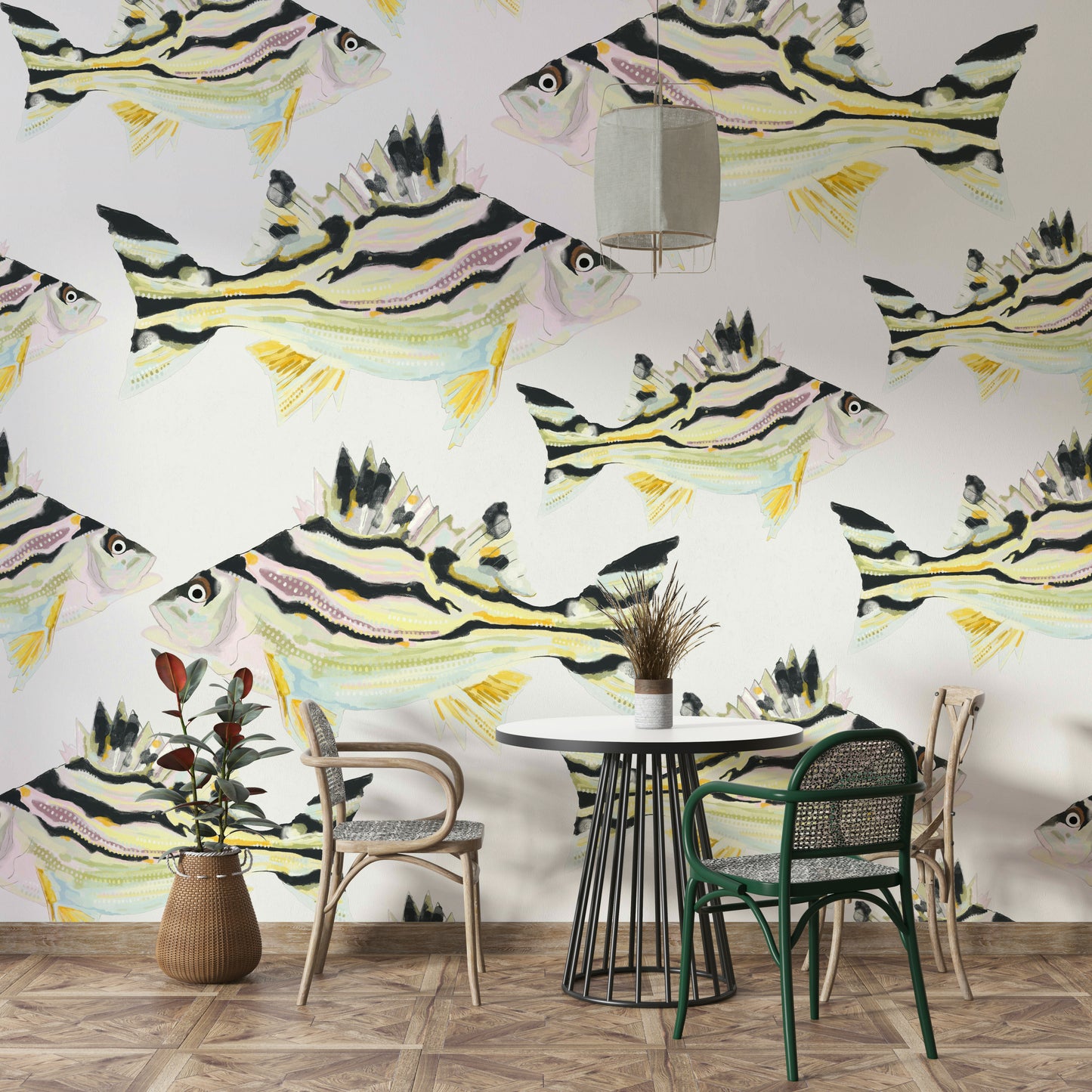 Nature-inspired mural with a fish motif and dynamic oceanic patterns.

