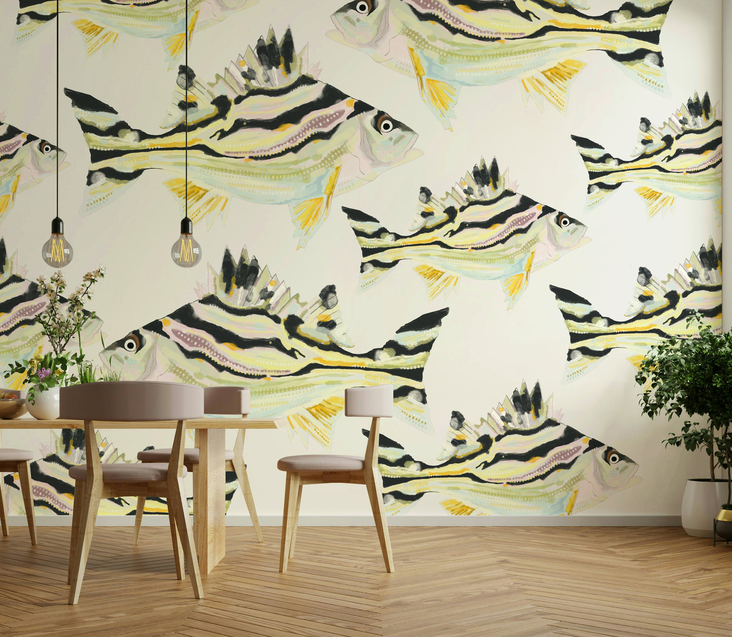 Aquatic-themed wall mural showcasing a vibrant fish in motion.

