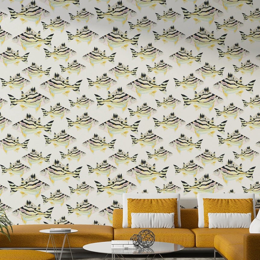 Hand-drawn fish mural wallpaper in marine theme

