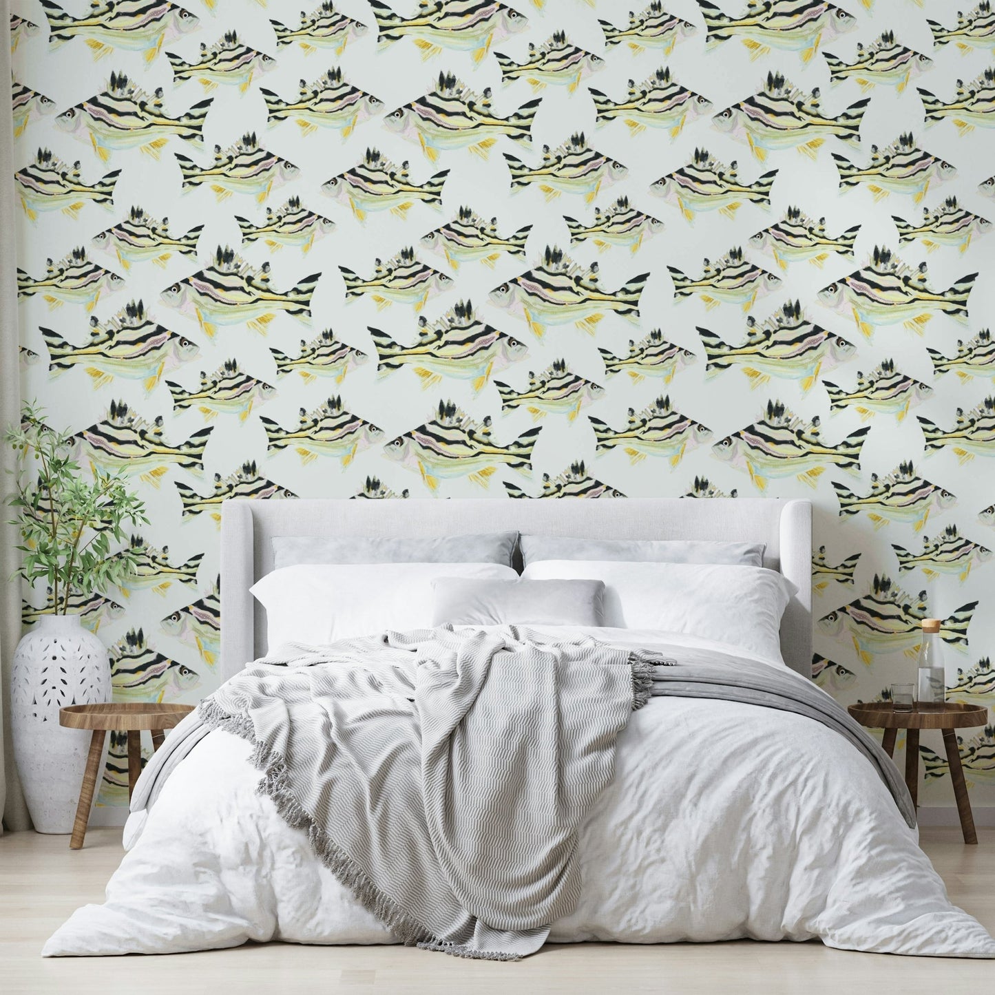 Jarbua fish design in calm neutral wall palette

