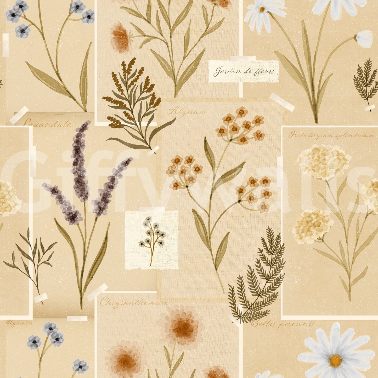 Jardin des Fleurs collage muted wallpaper with soft botanical sketches