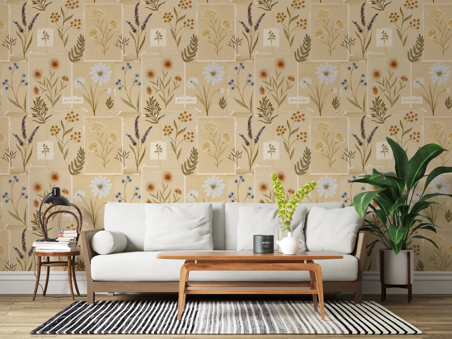 living room styled with Jardin des Fleurs collage muted wallpaper in beige tones