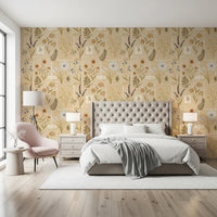 Bedroom decorated with Jardin des Fleurs collage muted wallpaper palette