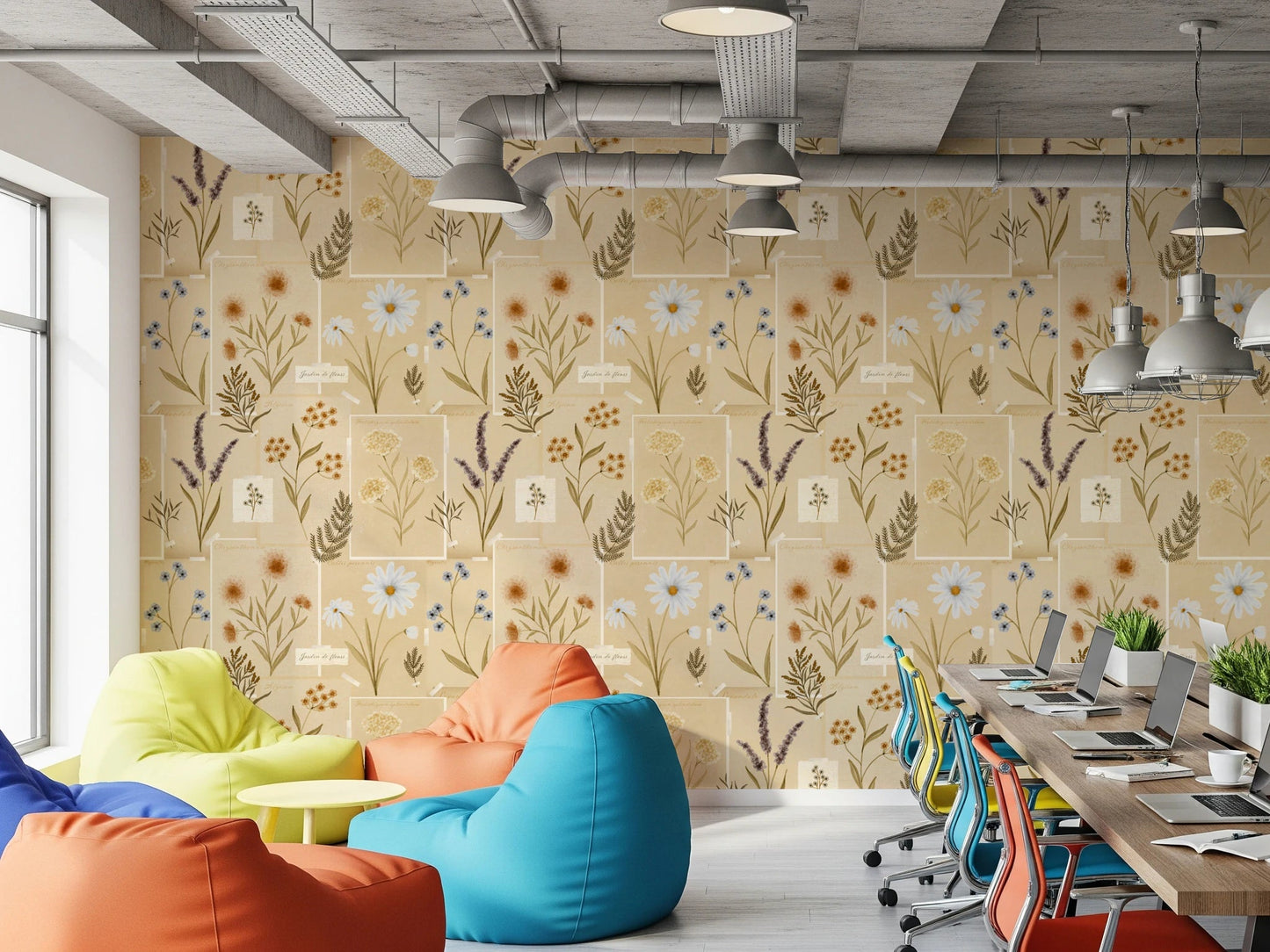 Office area styled using Jardin des Fleurs collage muted wallpaper tones