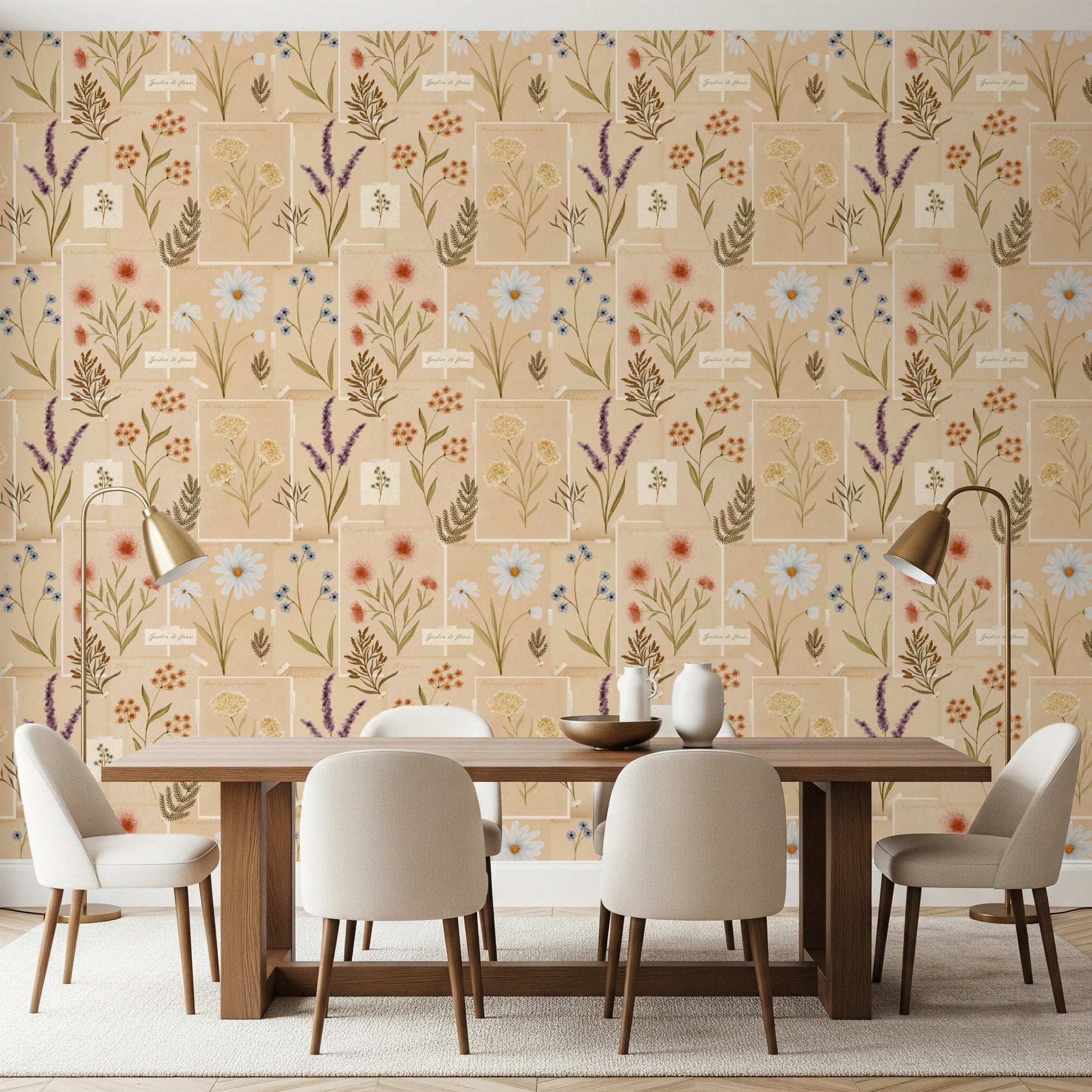 Muted floral Jardin des Fleurs Collage Vintage Wallpaper design.