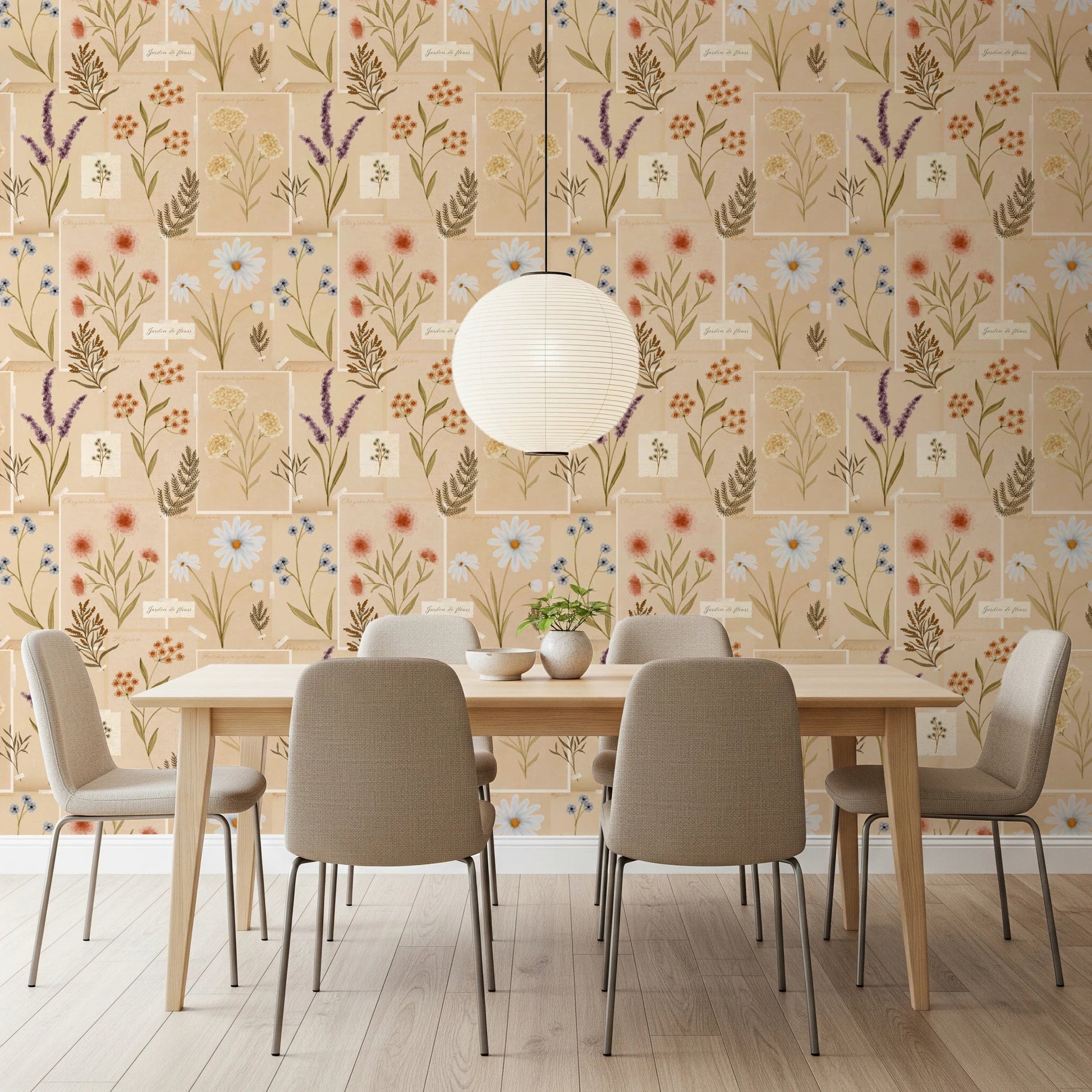 Jardin des Fleurs Collage Vintage Wallpaper for a dining room with pressed flower art.