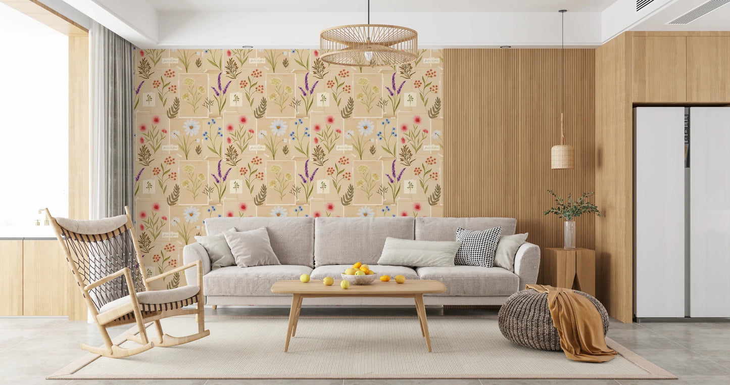 Living room interior finished in Jardin des Fleurs collage wallpaper tones
