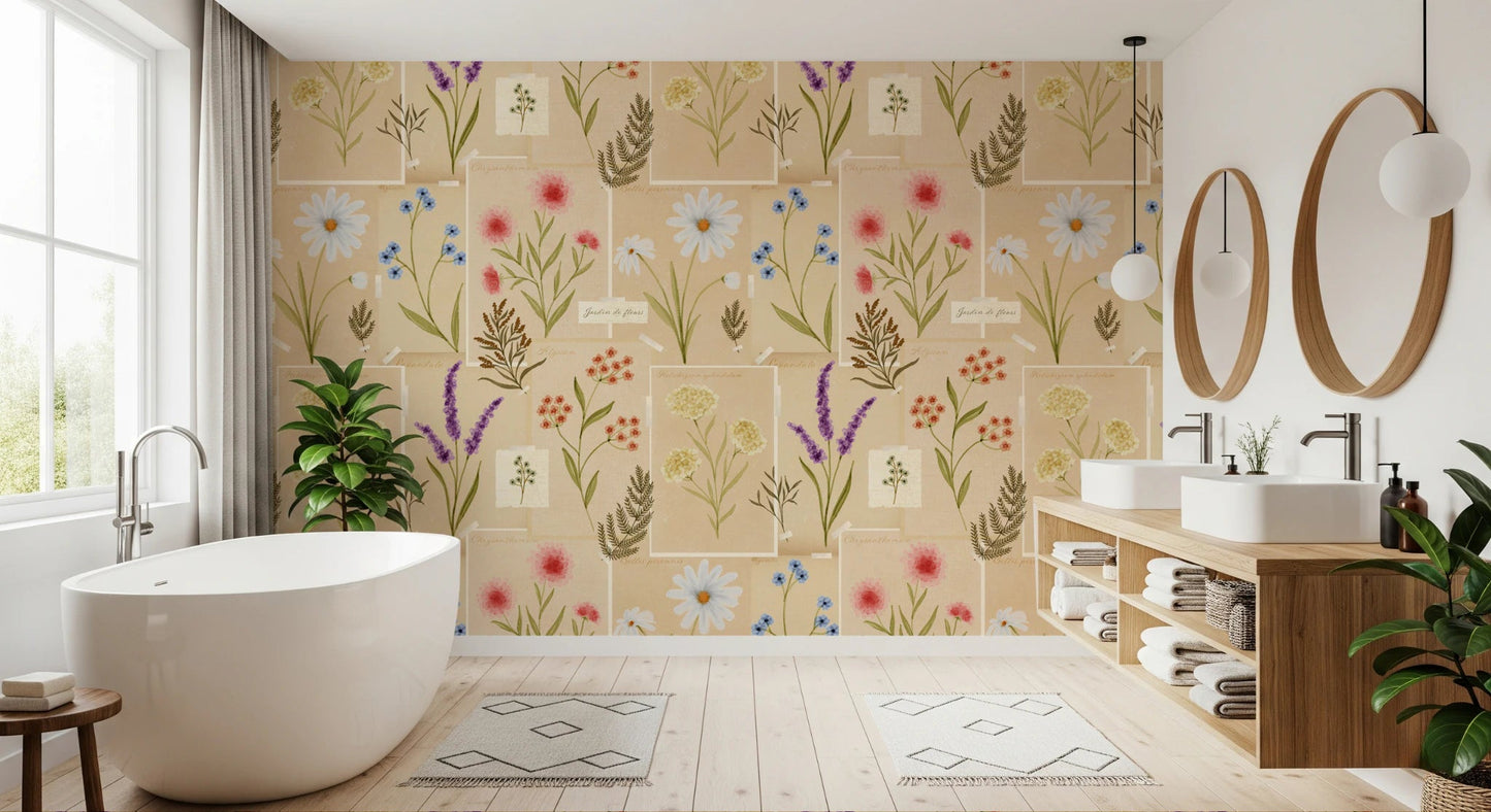 Bethroom styled with Jardin des Fleurs collage wallpaper in pastel tones