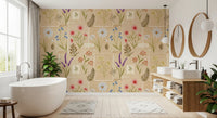 Bethroom styled with Jardin des Fleurs collage wallpaper in pastel tones