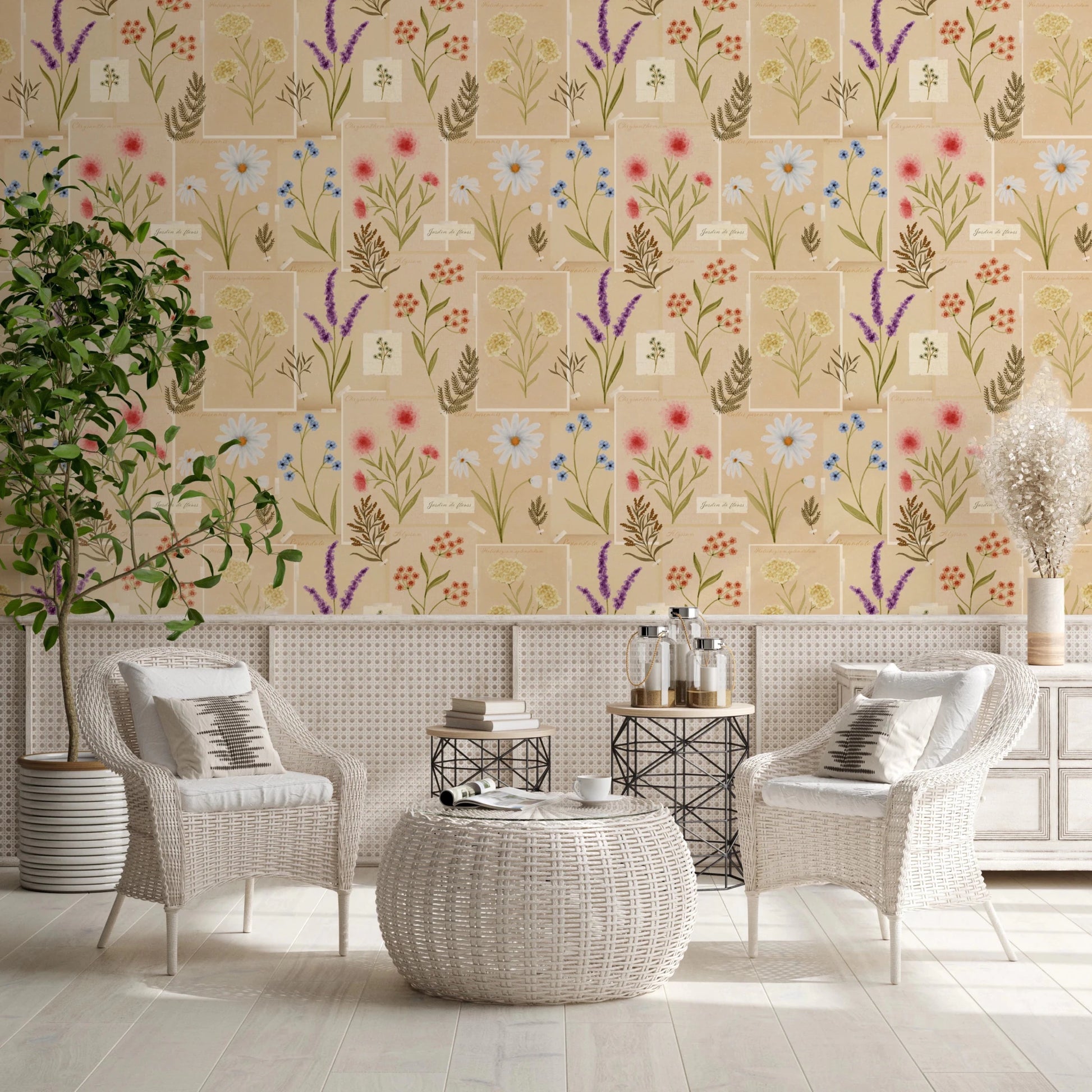hallway styled using Jardin des Fleurs collage wallpaper with gentle blooms