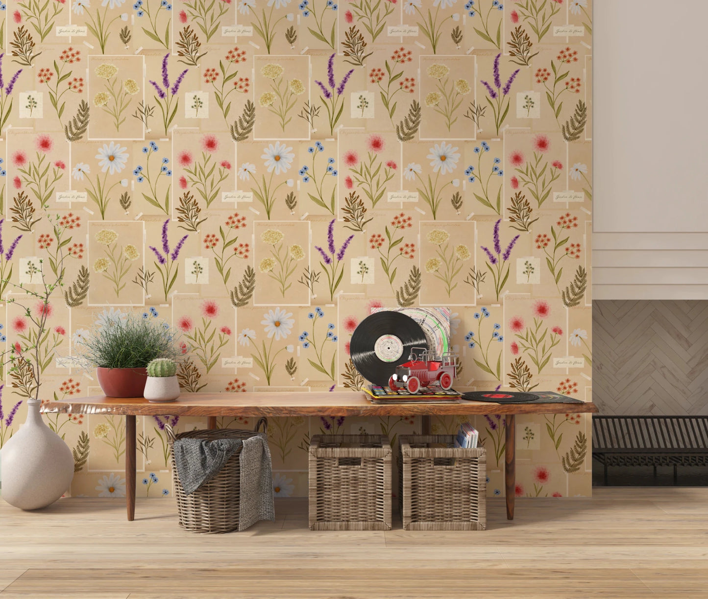 entryway features Jardin des Fleurs collage wallpaper botanical panels