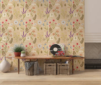 entryway features Jardin des Fleurs collage wallpaper botanical panels