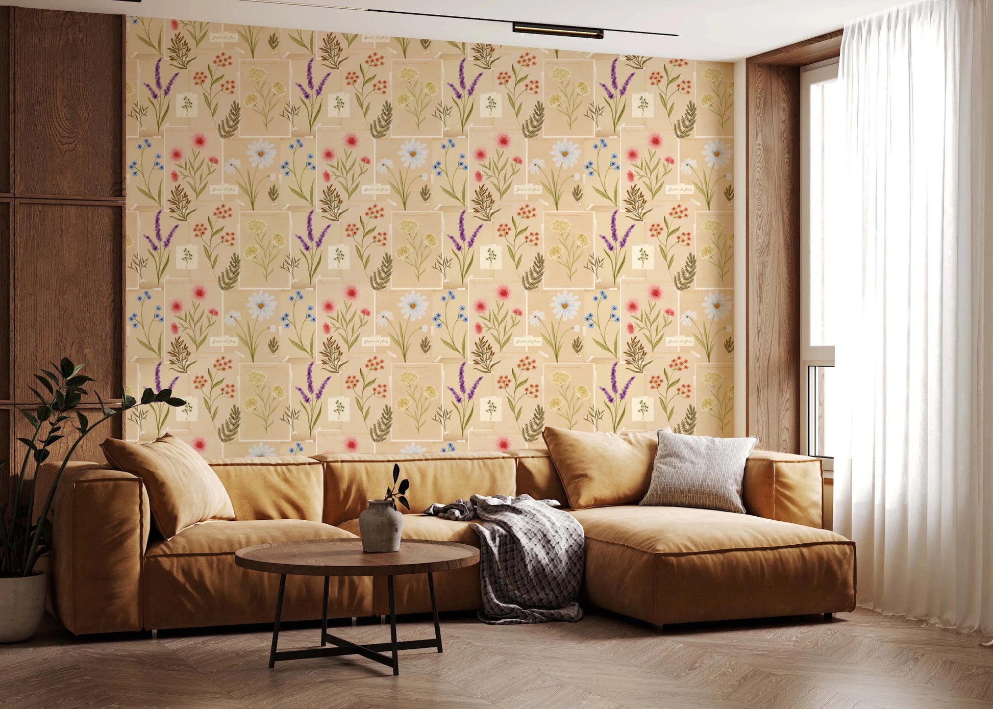 Living room finished in Jardin des Fleurs collage wallpaper floral pattern