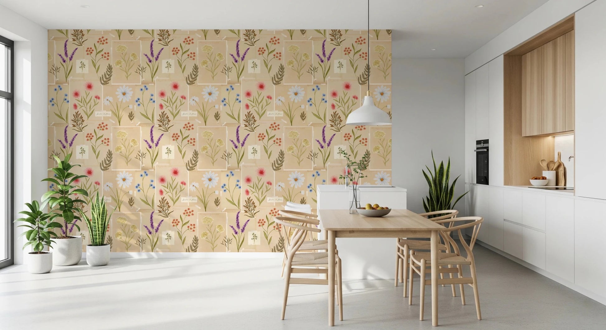 Dining area covered in Jardin des Fleurs collage wallpaper with vintage florals