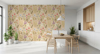 Dining area covered in Jardin des Fleurs collage wallpaper with vintage florals