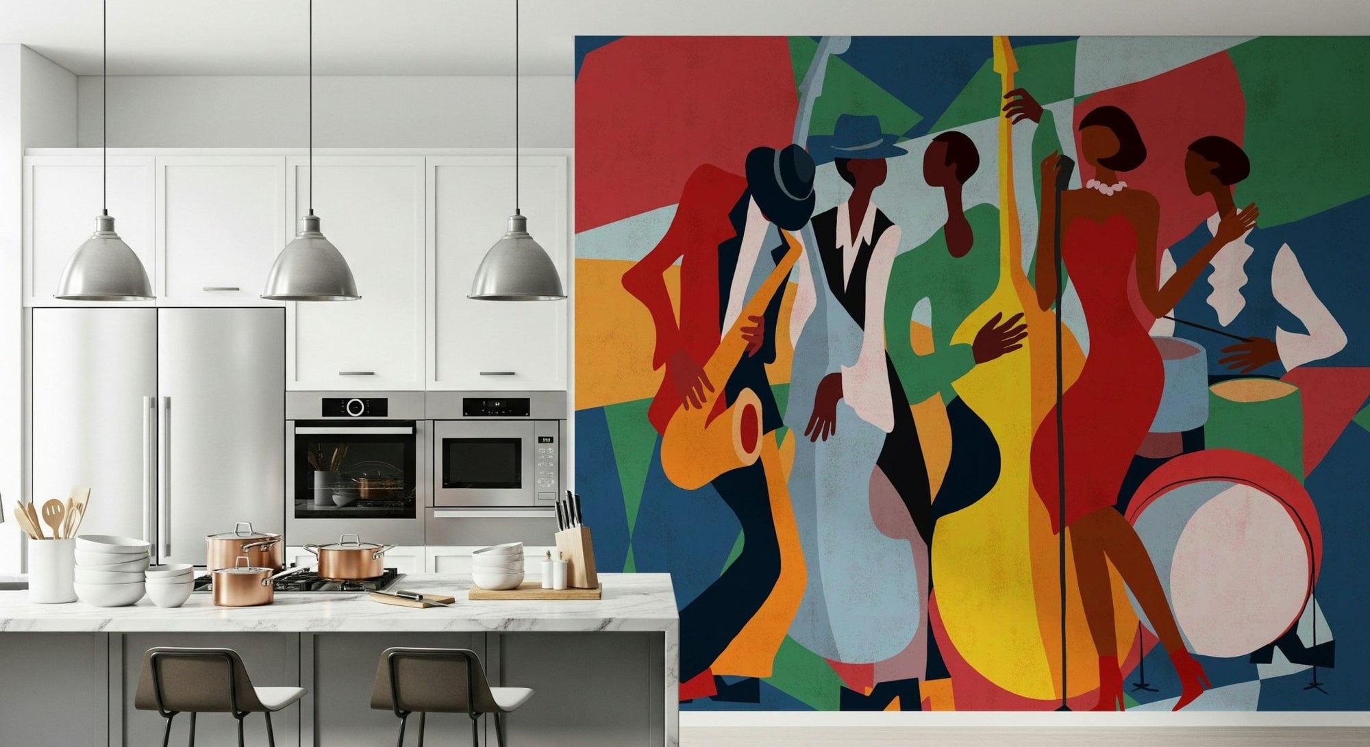 Jazz Ensemble mural of colorful cubist musicians beside a white kitchen island with copper pots