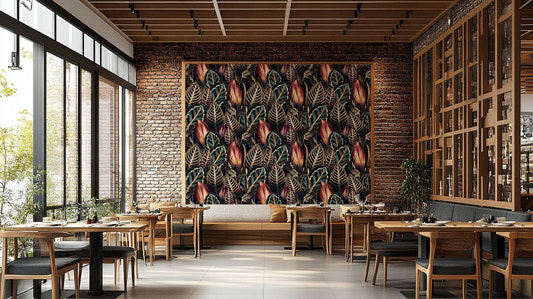 A bedroom decorated with a leaves mural

