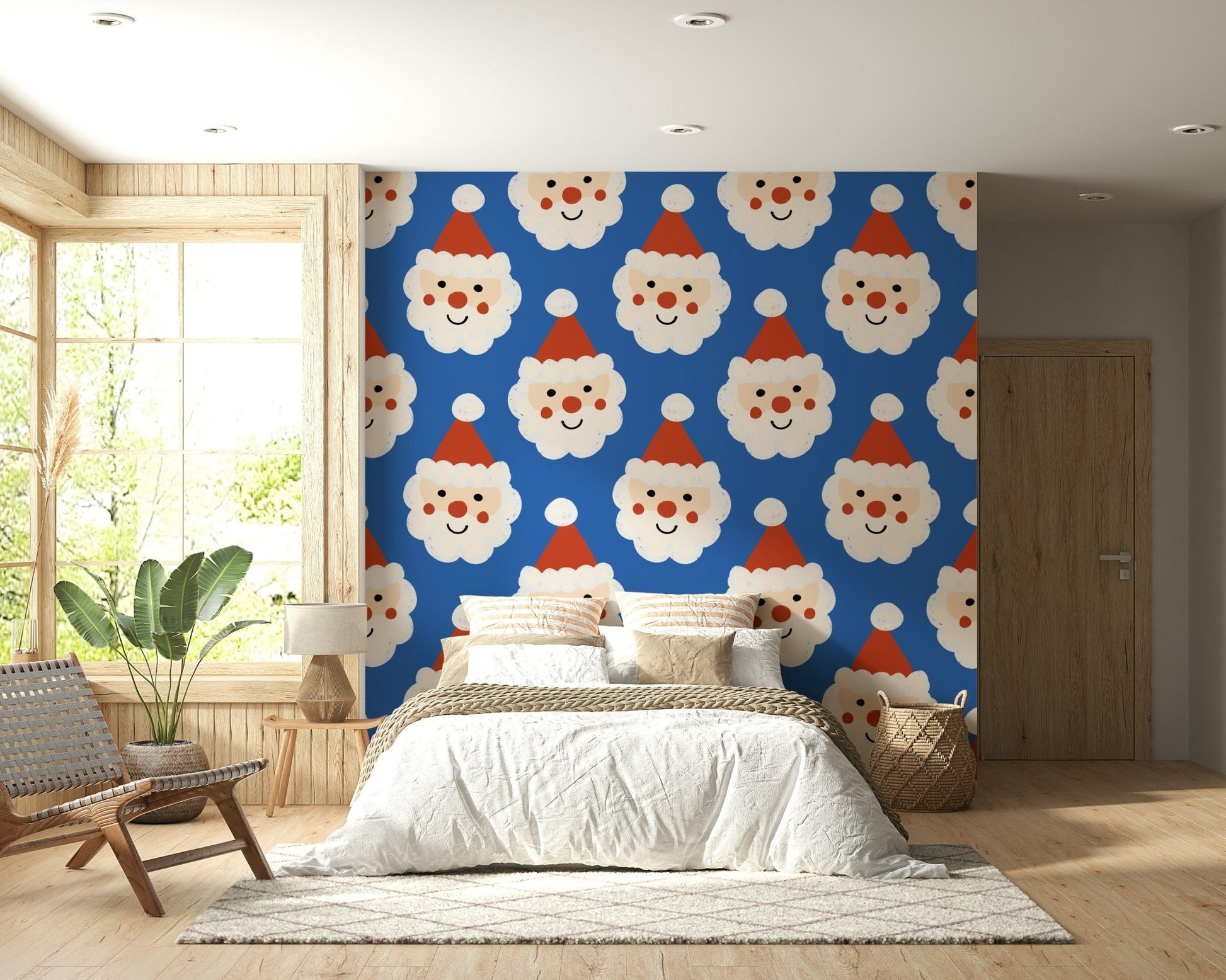 A festive Christmas wallpaper showcasing cute, smiling Santas arranged in a repeating pattern.
