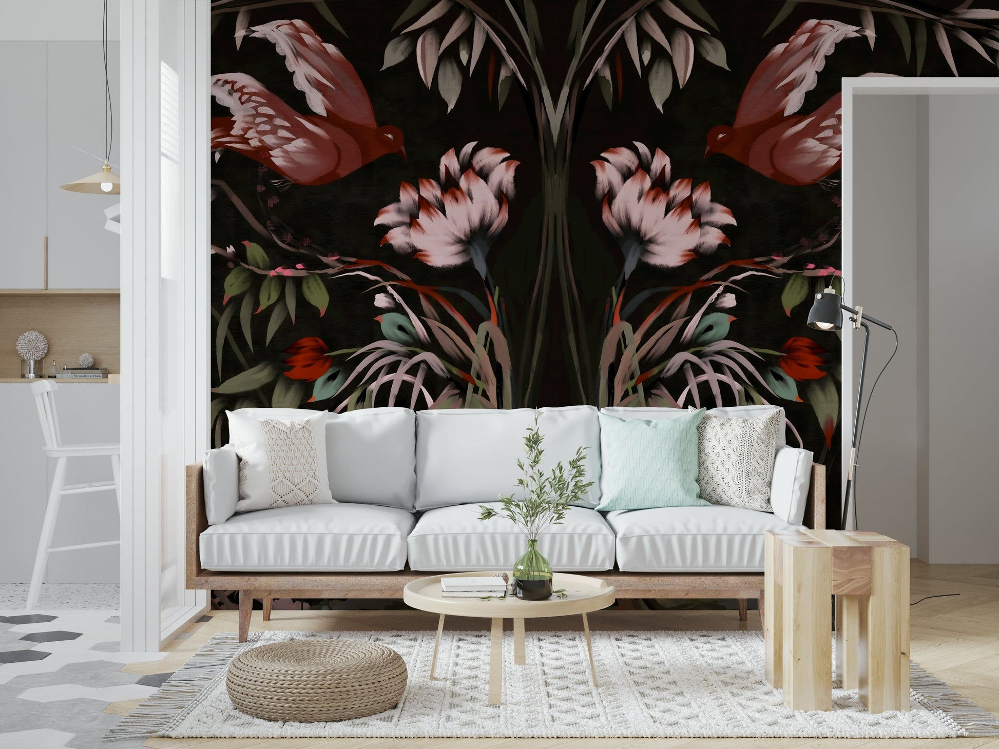 Korean art inspired bird mural for a home office wall, muted color palette