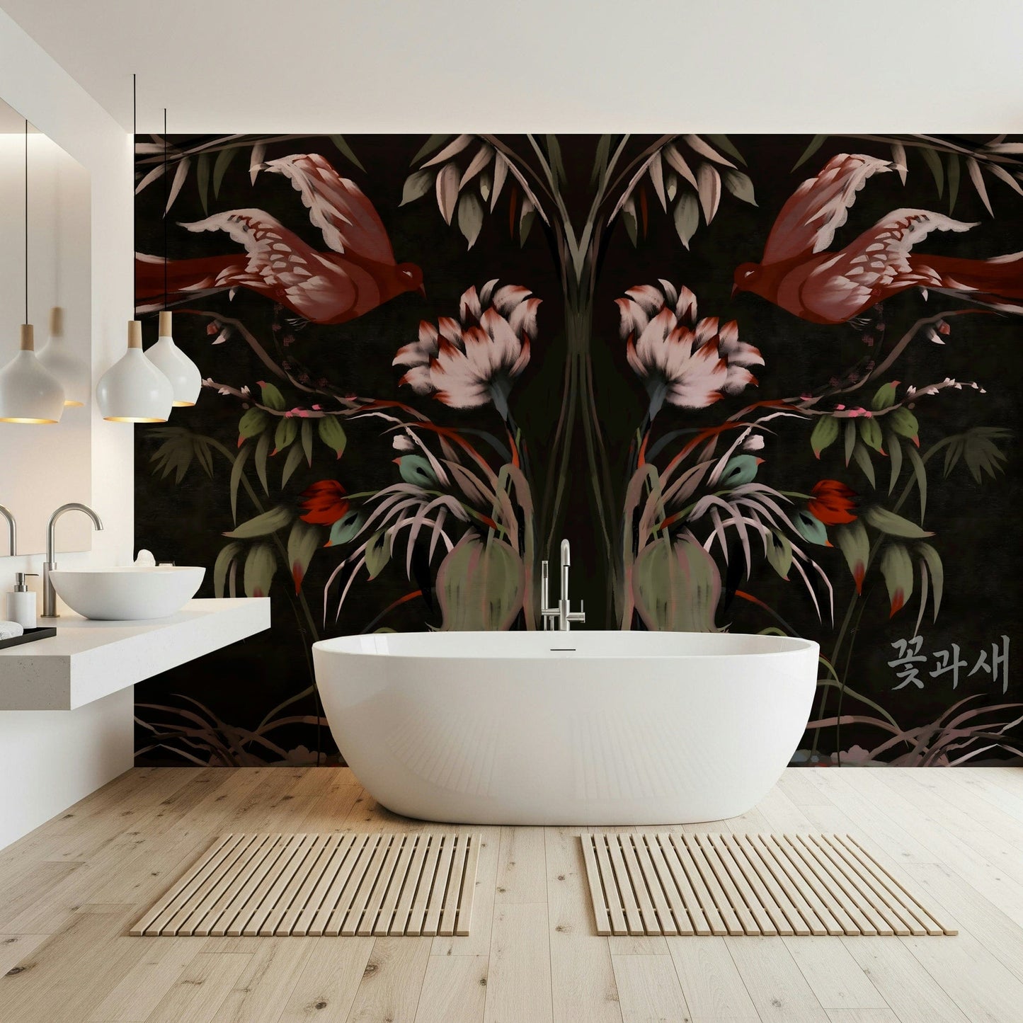 Joseon style floral-and-bird mural for a hallway wall, simple modern decor