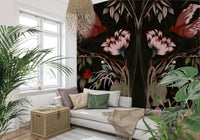 Heaven's Birds mural with ink-style branches for a minimalist living room wall