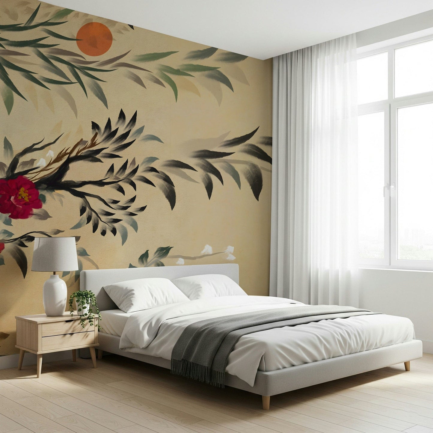 Sophisticated wall mural blending Joseon dynasty aesthetics with floral motifs
