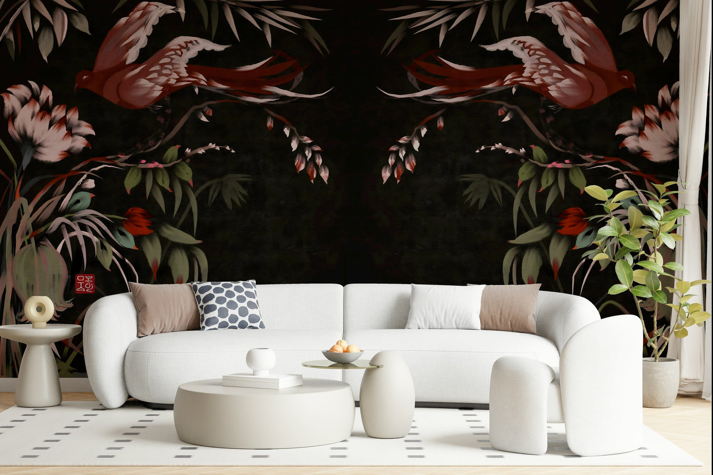 Decorative floral wall mural featuring traditional Joseon motifs in soft pastel and neutral hues.