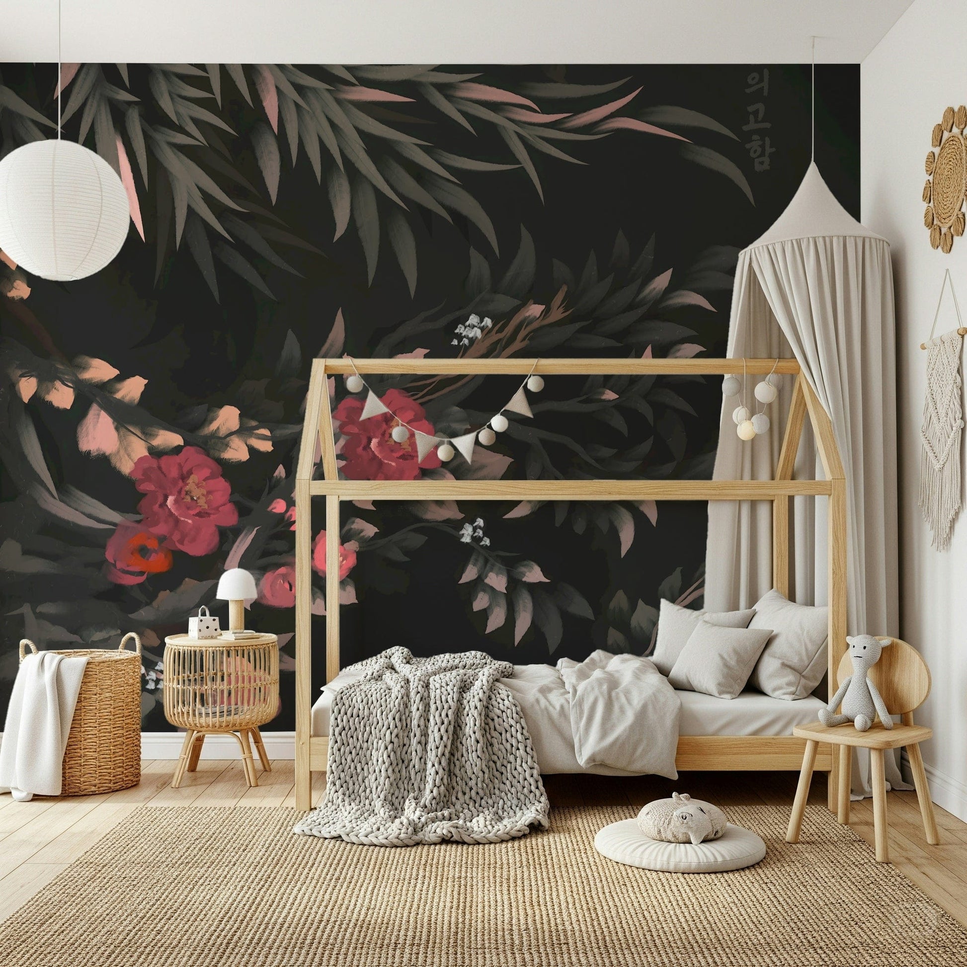 Elegant wall mural featuring traditional Joseon-style floral folk painting