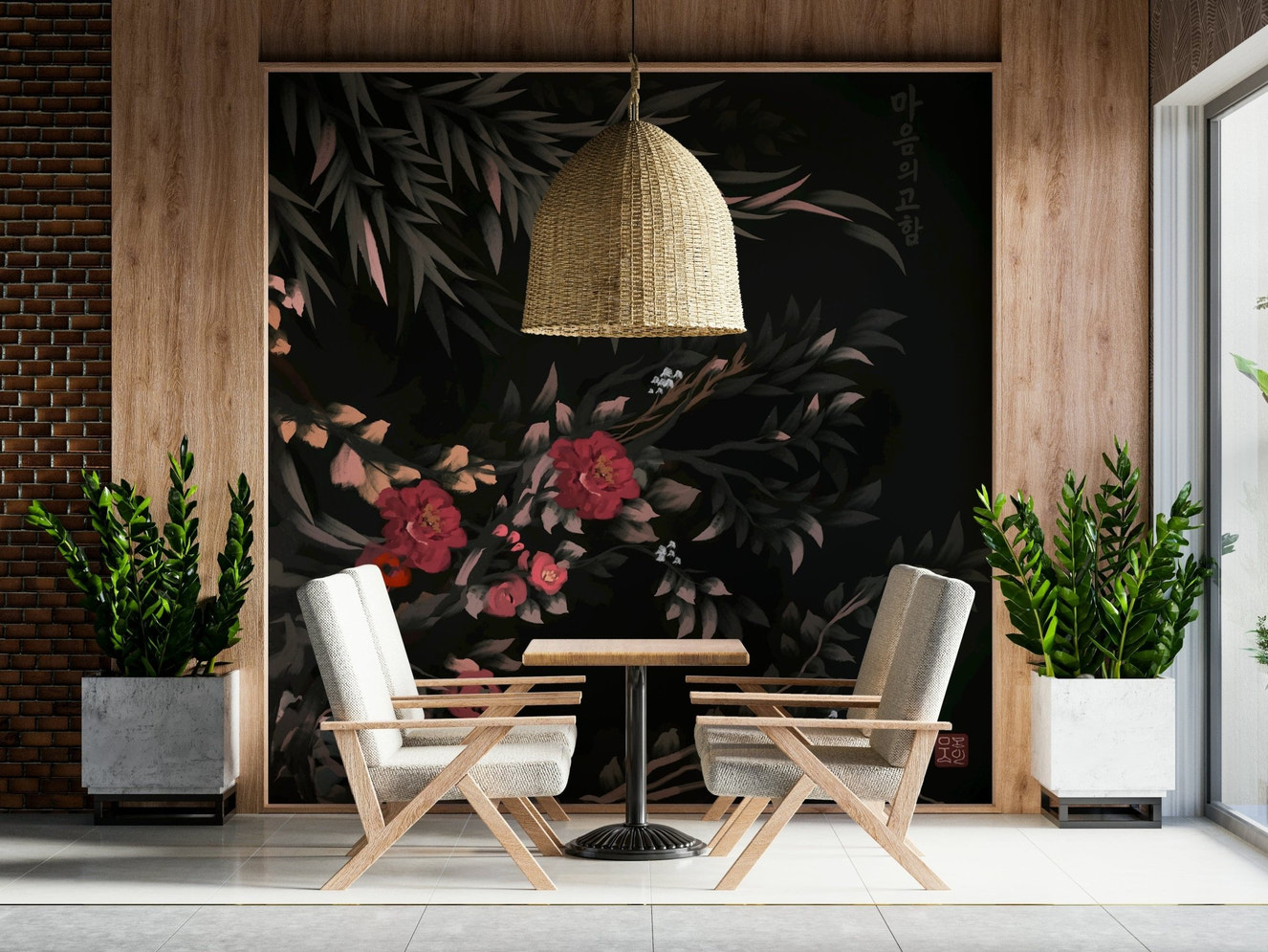 Decorative mural with delicate flowers in classic Joseon folk art style