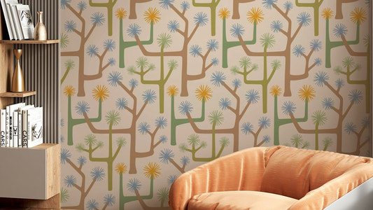 Stylized Joshua trees and desert cacti.

