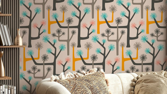 Stylized Joshua trees and desert cacti.

