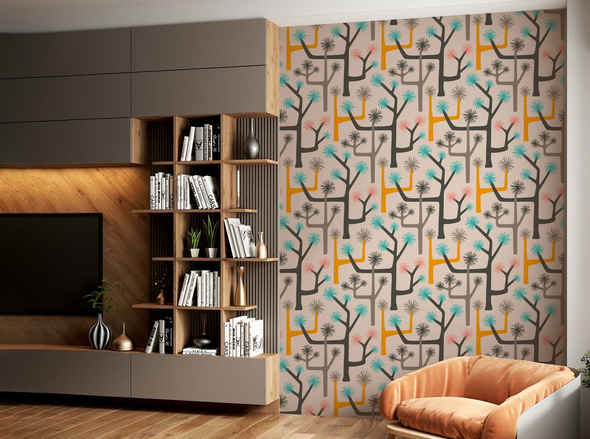 Gray, yellow, pink, and turquoise color palette.

