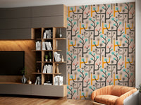 Gray, yellow, pink, and turquoise color palette.

