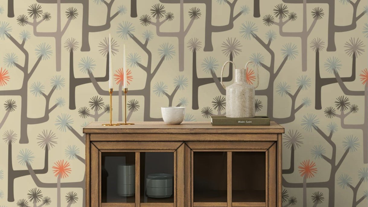 Stylized Joshua trees and desert cacti.

