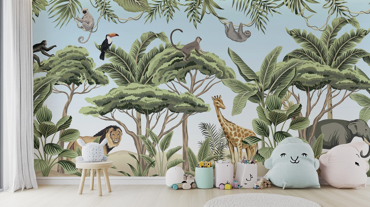 Jungle adventure mural with playful animals and lush greenery.
