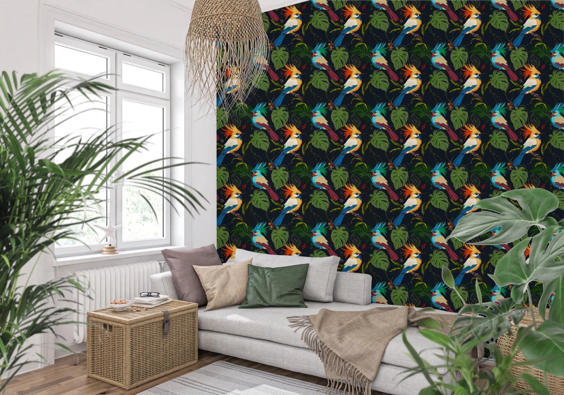 Jungle Birds Exotic Botanical Paradise Wallpaper⁠