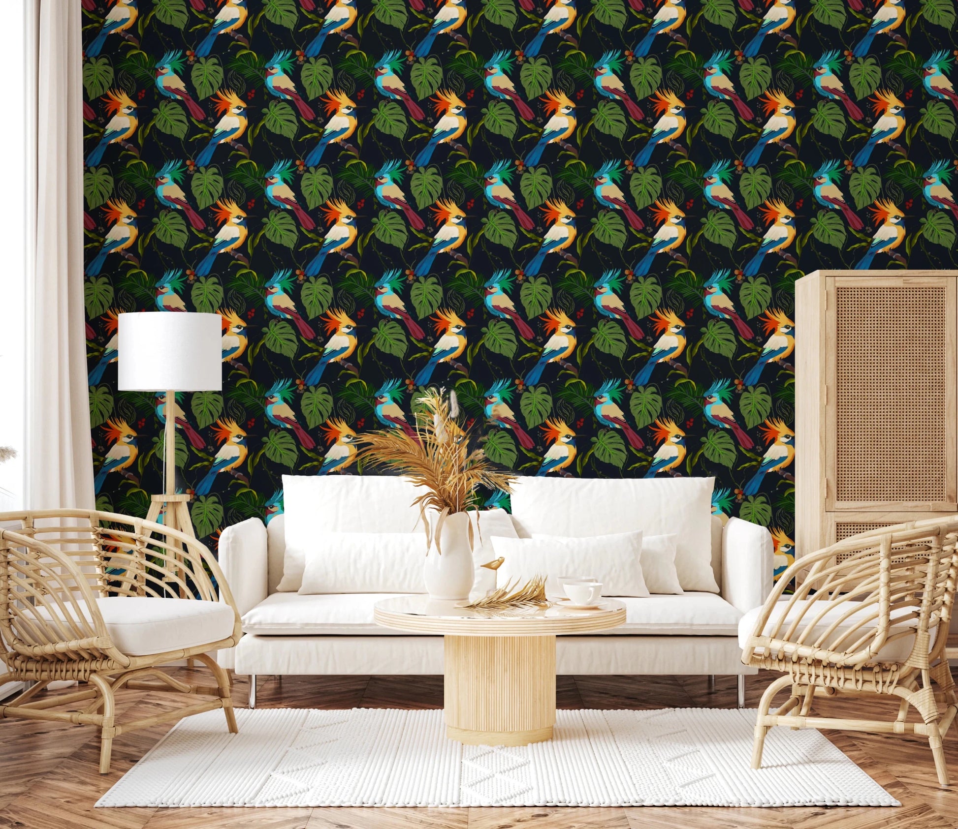 Jungle Birds Exotic Botanical Paradise Wallpaper⁠