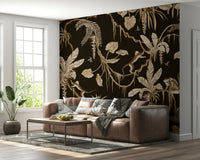 Jungle canopy mural depicting layers of leaves, vines, and tropical plants