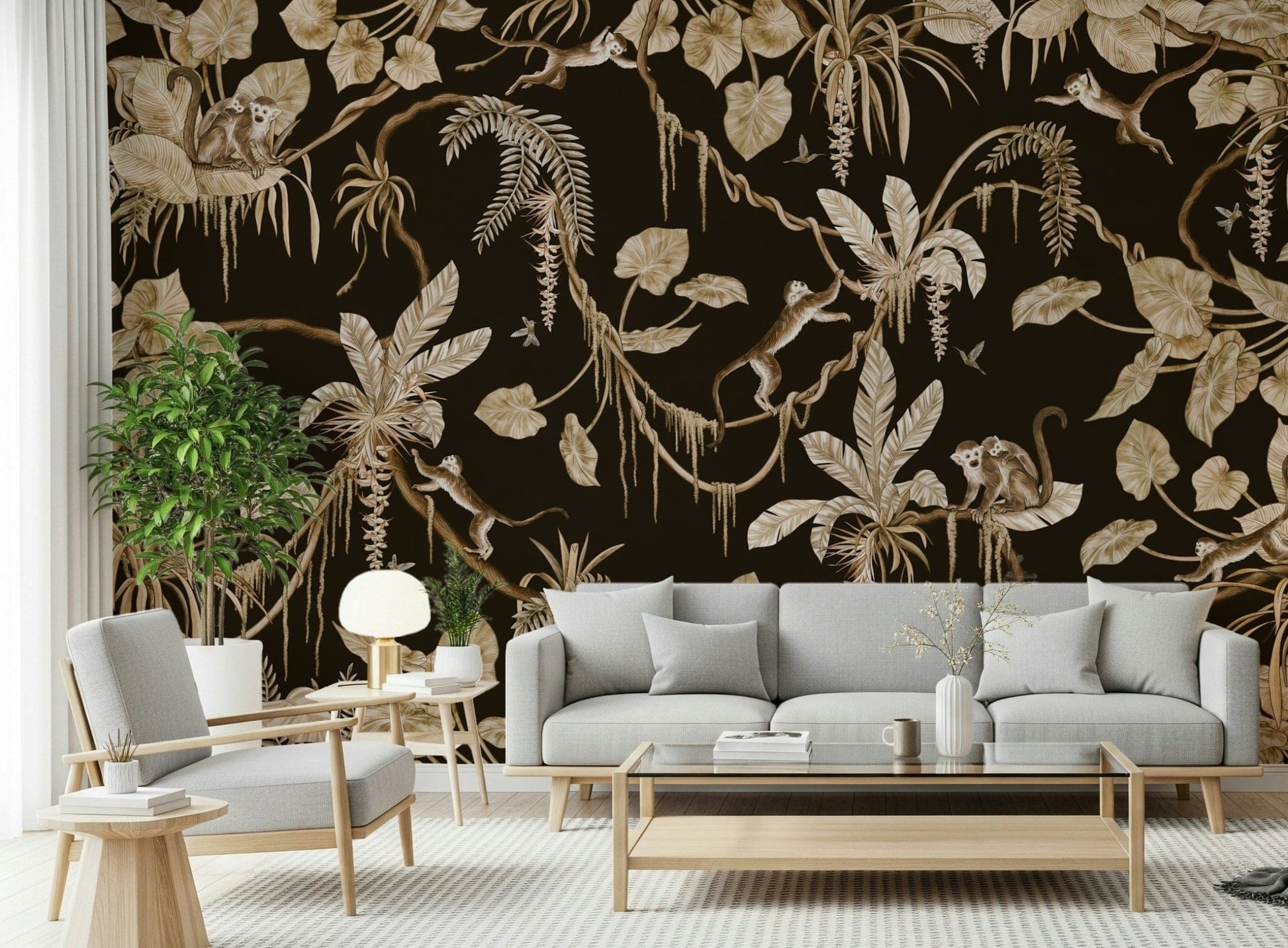 Vibrant tropical mural capturing the view from beneath a jungle canopy