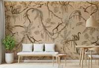 Lush jungle wall art with vibrant plants, vines, and playful wildlife