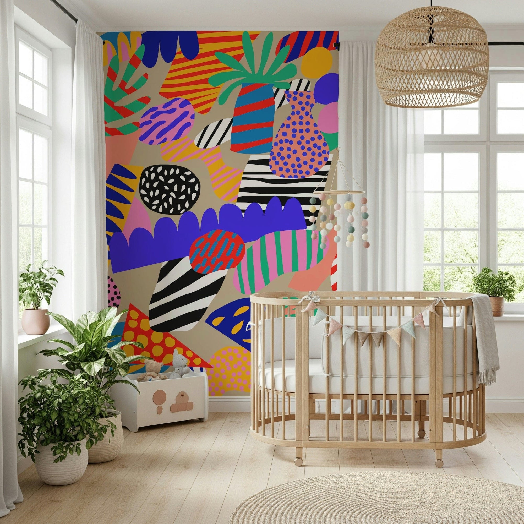 A jungle jive wallpaper packed with vibrant shapes and energetic overlapping designs.