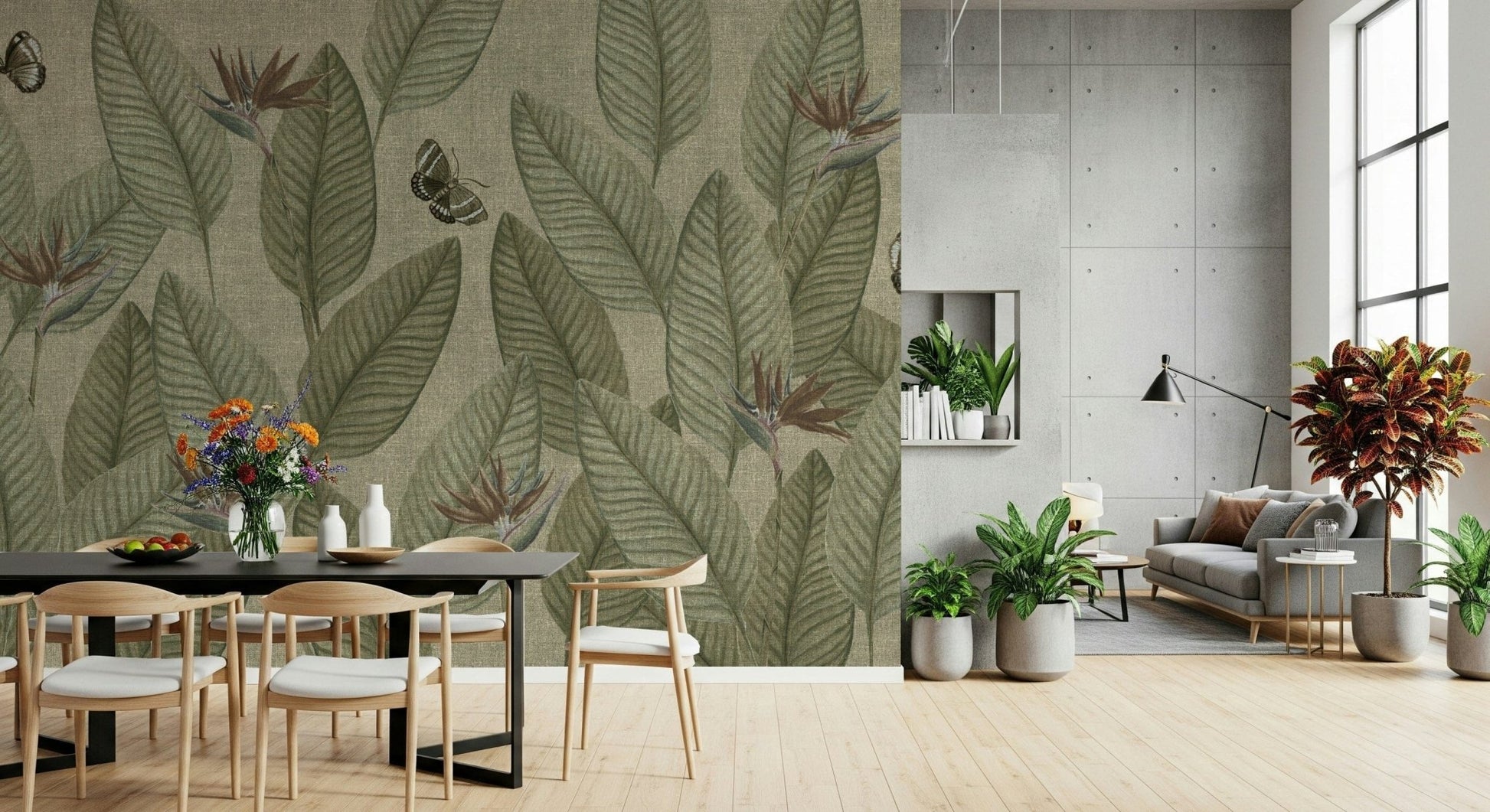 Oversized leaf pattern gives shadow to Jungle Life Antique design.
