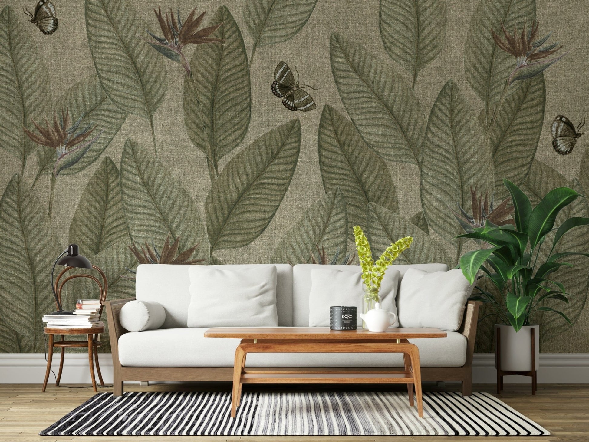 Muted banana leaves design of Jungle Life Antique mural product.