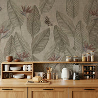 Stylish wallpaper for walls featuring detailed sketch-style leaves and fluttering butterflies.
