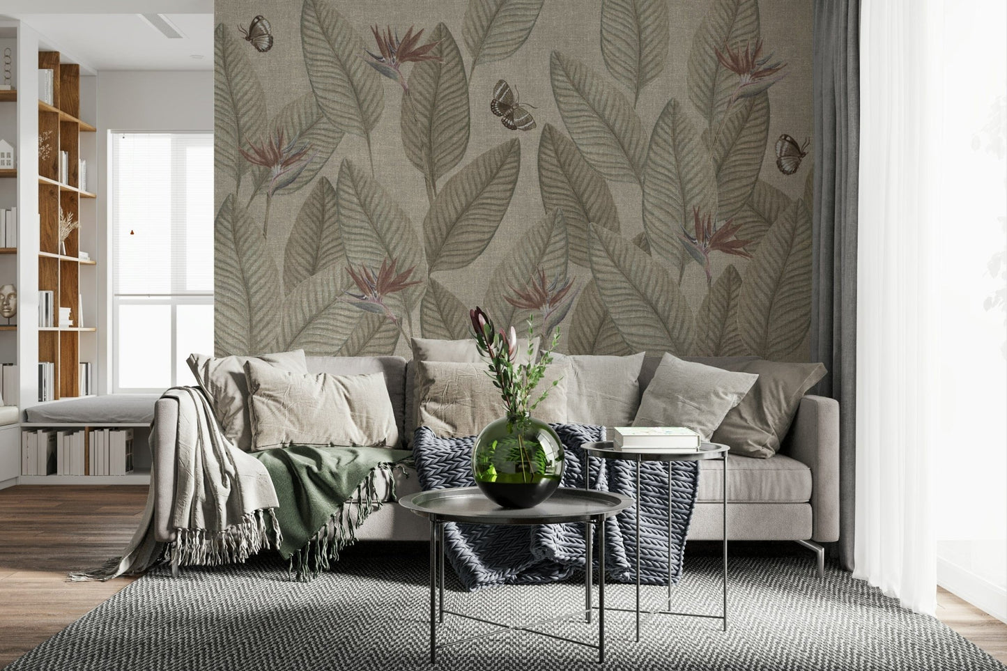 Jungle Life Muted product: Calming taupe mural wallpaper of tropical flora and fauna.